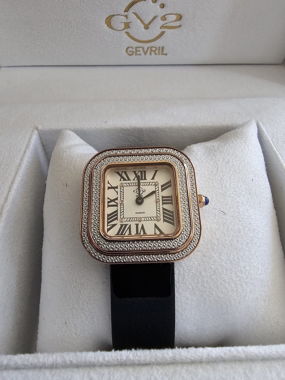 Gevril GV2 Rose Gold Diamond-Trim Square Watch with Black Strap